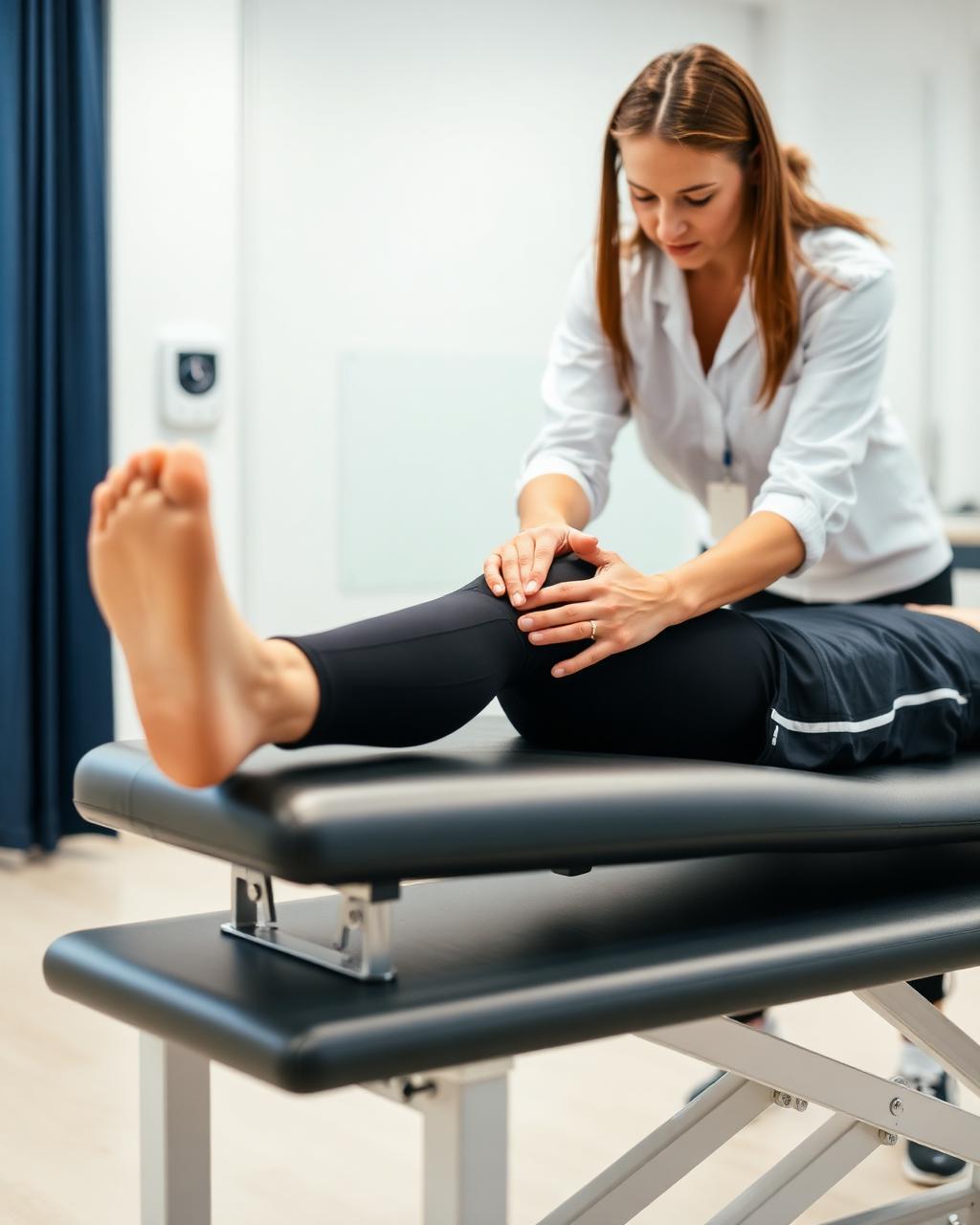 Physiotherapist treating a patient's knee on a clinic table